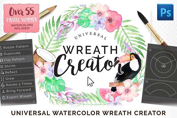 创建水彩花环的PS动作工具模板下载 Universal Wreath Creator Pro [psd,atn]