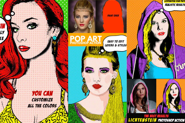 波普艺术卡通照片PS动作工具模板下载 Pop Art Photoshop Action (Lichtenstein Effect)