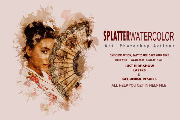 现代时尚飞溅水彩艺术PS动作工具模板 Splatter Watercolor Art Photoshop Actions