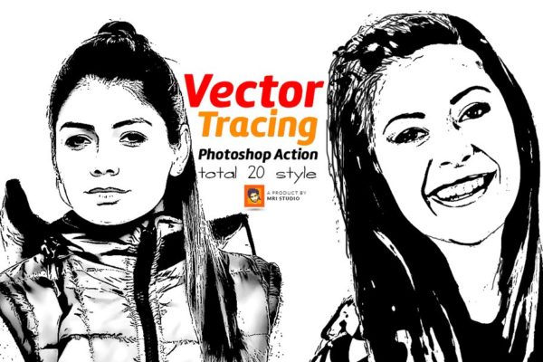 照片转矢量墨水艺术风格ps动作下载 Vector Tracing Photoshop Action