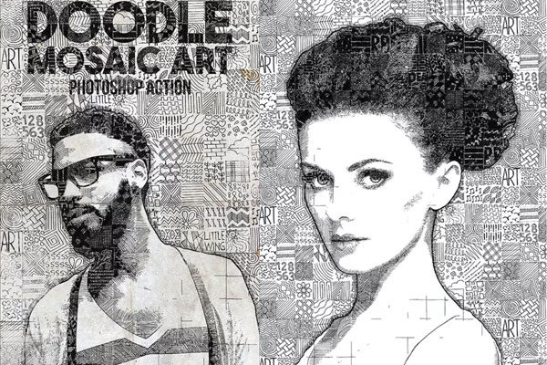 复古怀旧铅笔涂鸦马赛克艺术Photoshop动作下载 Doodle Mosalc Art