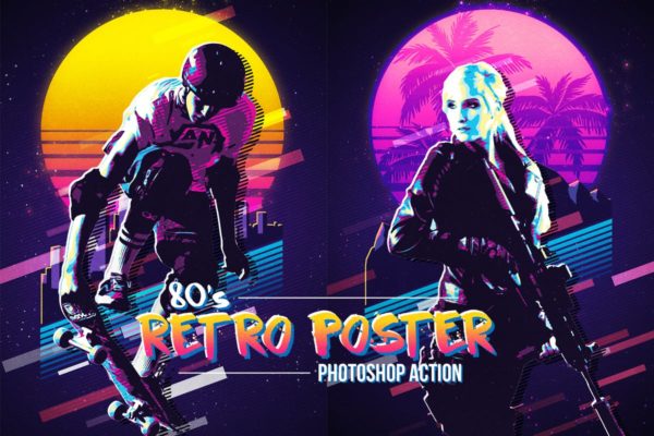 复古80‘s年代海报设计风格PS动作工具模板 80’s Retro Poster Photoshop Action