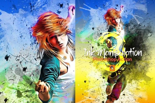 一款泼溅墨水艺术风格效果的PS动作工具模板