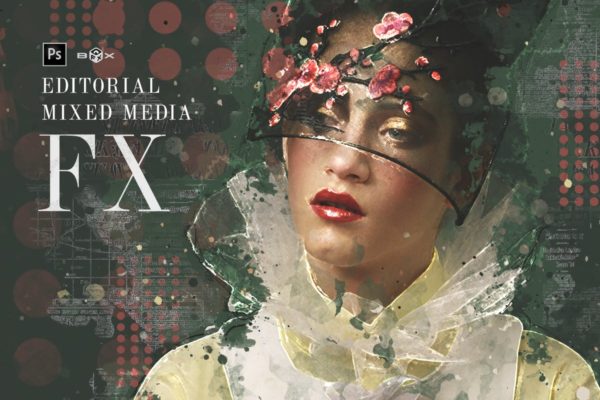 怀旧复古做旧混合艺术效果生成PS动作工具模板 Editorial Mixed Media FX Photoshop Add-On