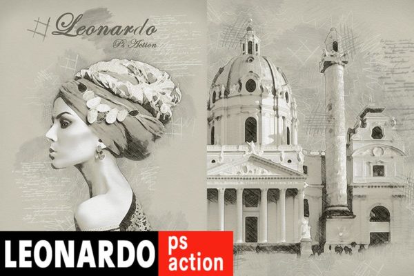 复古素描艺术效果PS动作工具模板 Leonardo Photoshop Action