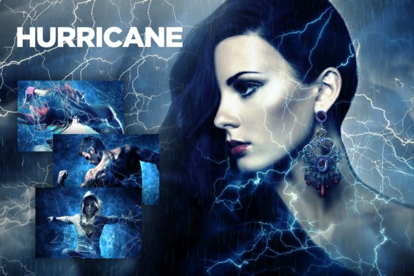 炫酷蓝色闪电雷击效果PS动作工具模板 Hurricane Photoshop Action CS2+