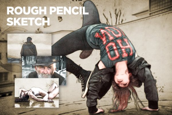 创意彩铅素描绘画效果PS动作工具模板 Rough Pencil Sketch CS3+ Photoshop Action