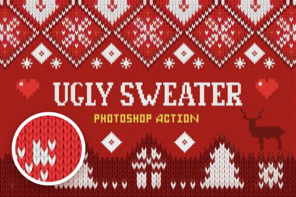 圣诞风格逼真毛衣针织纹理PS动作工具模板 Ugly Christmas Sweater Action