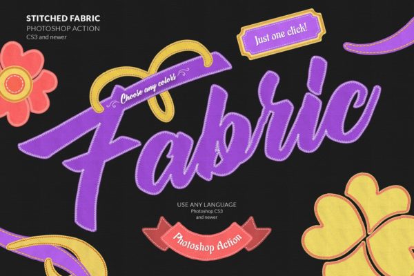 面料缝合缝线针织效果印花图案设计PS动作工具模板 Stitched Fabric Photoshop Action