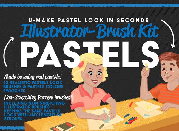 43种风格彩色蜡笔 AI&PS 笔刷工具素材集 Pastels Illustrator Brush-Kit