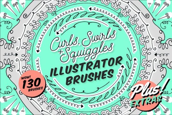 卷曲漩涡+歪扭或波形短线AI笔刷工具素材 Curls Swirls + Squiggles Brushes