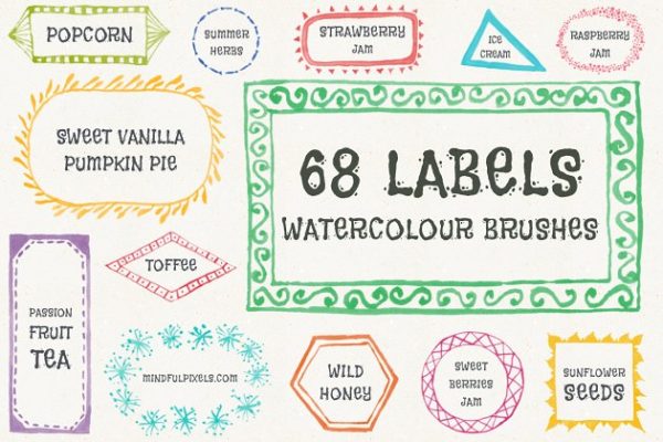 水彩风格标签PS笔刷工具素材 Label Watercolor Brushes