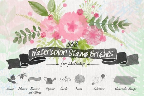 水彩花卉印章PS笔刷工具素材 Floral Watercolor PS Stamp Brushes