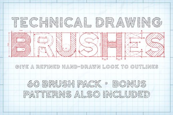 技术设计图线条笔画AI笔刷工具素材 Technical Drawing Brushes