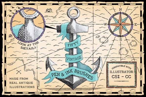 复古圆珠笔&钢笔笔画AI笔刷工具素材 Vintage Pen and Ink Brushes