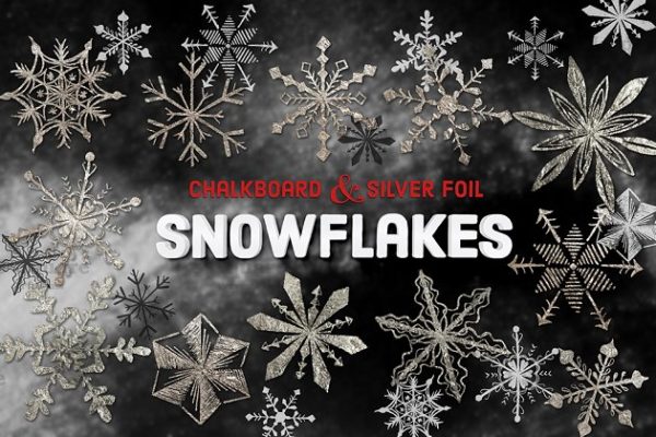 手绘粉笔画&银箔雪花图案纹理笔刷工具素材 Vector Chalk & Foil Snowflakes