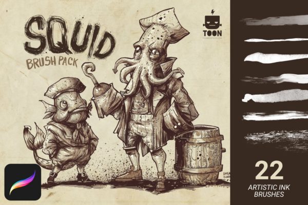 仿鱿鱼触须形状笔画Procreate笔刷工具素材 Squid Brush Pack for Procreate