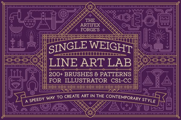 实验室物品线条图形AI笔刷工具素材&纹理 Single Weight Line Art Lab