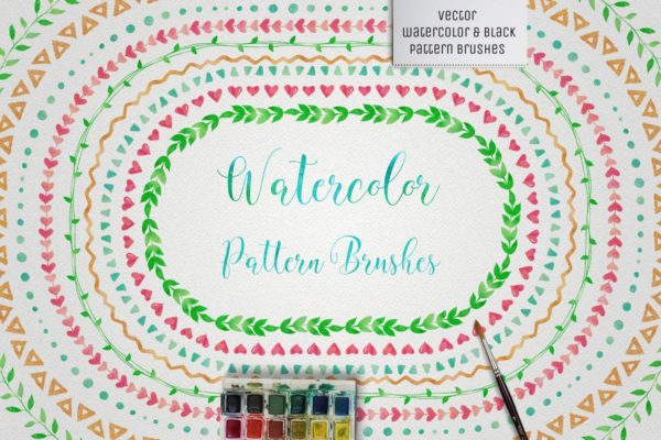 42款水彩花样图案AI笔刷工具素材 Watercolor & Black Pattern Brushes