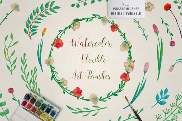 水彩花卉绘画图案＆AI画笔笔刷工具素材 Illustrator Floral Art & Pattern Brushes