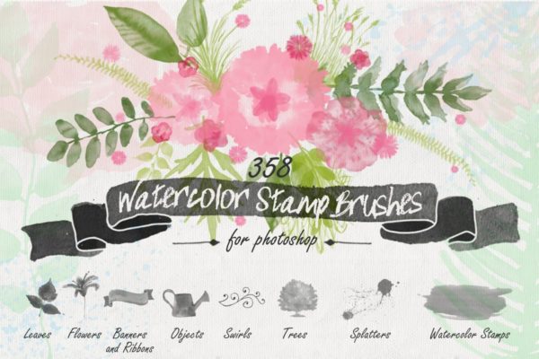 水彩花卉PS印章画笔笔刷工具素材 Floral Watercolor PS Stamp Brushes