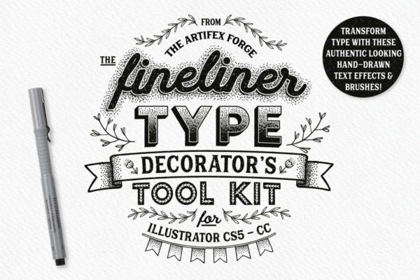 字体文本手绘装饰元素AI设计工具套件 Fineliner Type Decorator’s Tool Kit
