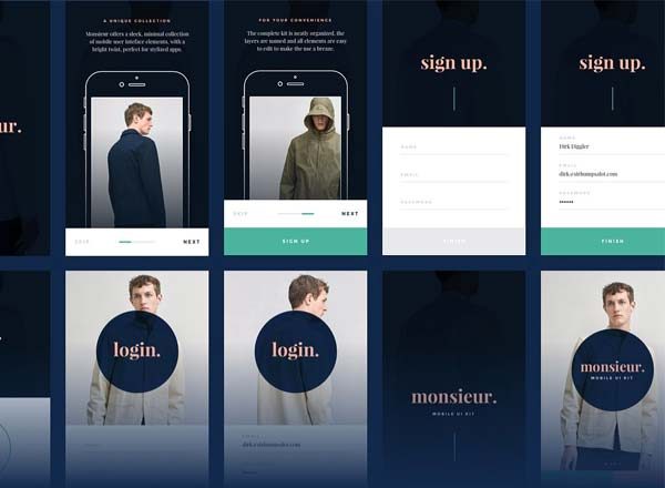 时尚服饰电子商务 APP Ui Kits素材套件 Monsieur. Mobile E-commerce UI Kit [For Sketch&Principle]