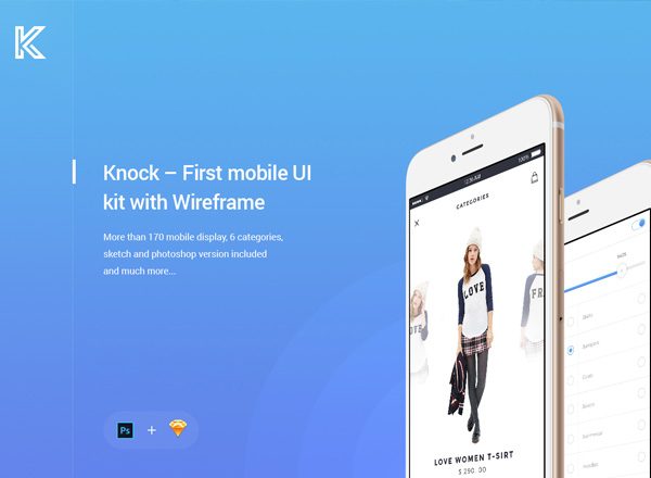 170 APP 界面UI设计模板素材 Knock Mobile UI Kit with Wireframe [PSD&SKETCH]