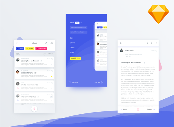 邮箱客户端 APP Ui Kits素材套件 Mail client app (.sketch)