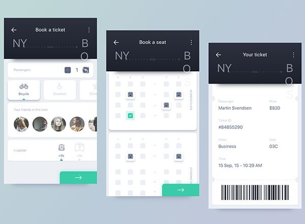 简约机票预定 APP 界面UI设计模板素材 ChooChoo App (.sketch)