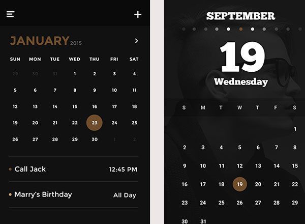 酷黑日历应用界面UI设计模板素材 Gold & Coal UI Kit – Calendars
