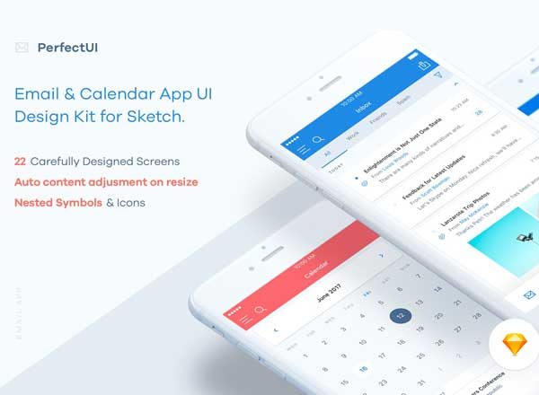 邮件日历行程类 APP Ui Kits素材套件 Email & Calendar UI/UX Kit (Sketch)