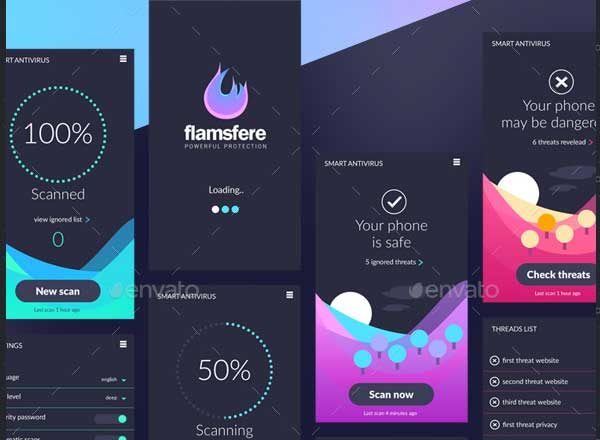鲜有的移动安全应用 Ui Kits素材套件 Flamsfere – Mobile Antivirus App Ui kit