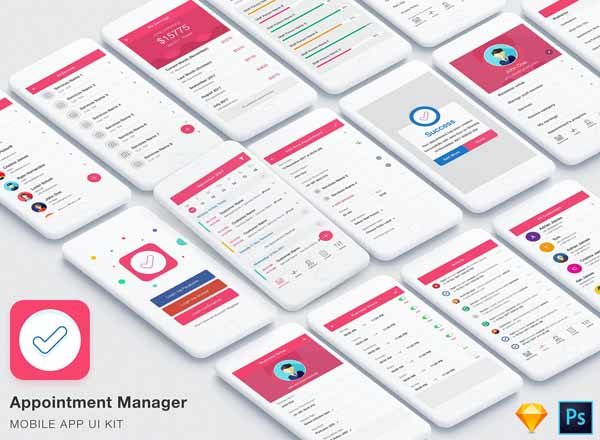 蚂蚁素材下午茶：专业干净的约会管理类APP UI Kits文件[psd,sketch]