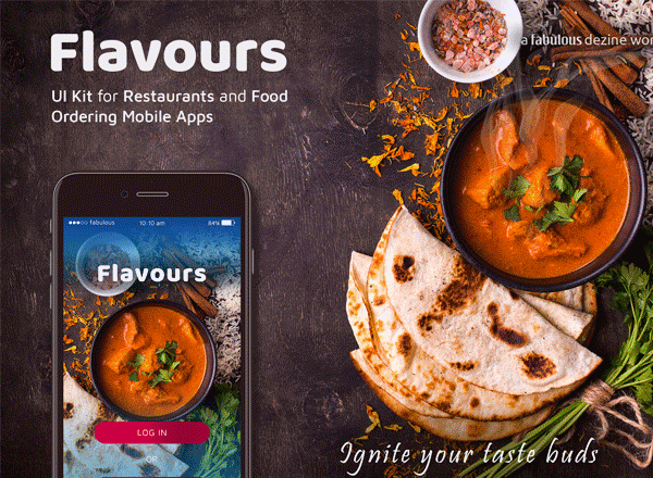 蚂蚁素材下午茶：印度风格的美食在线下单与配送APP UI KITS模板[PSD,Sketch]