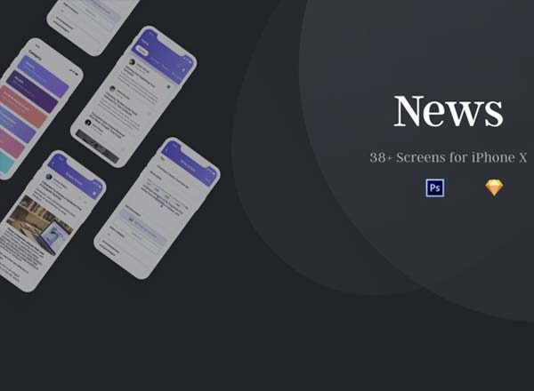 蚂蚁素材下午茶：专门为iPhone X打造的高端新闻资讯类APP UI KITS[PSD,Sketch]