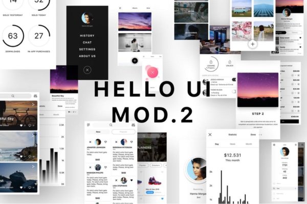小众轻奢社交媒体电子商务 APP Ui Kits素材套件 Hello UI Kit Mod. 2