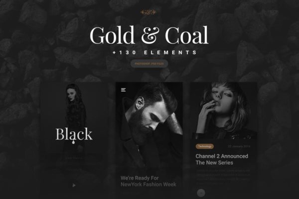 “黑与金的绝配”-多用途 APP Ui Kits素材套件 Gold &  Coal – UI Kit for Mobile