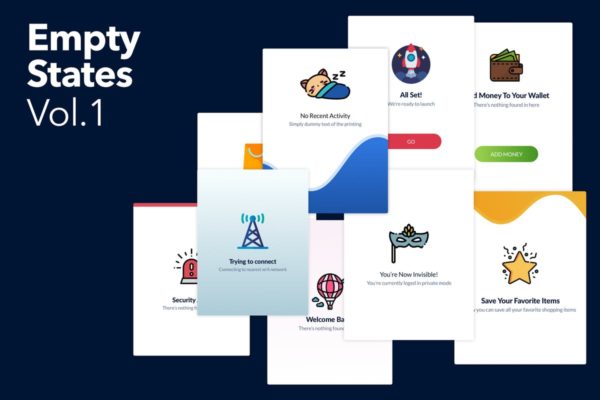 手绘插画图案APP启动页Ui Kits素材套件 Mobile Empty States