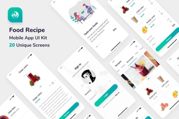 在线点餐类美团手机APP应用Ui Kits素材套件 Food Recipe Mobile App UI Kit