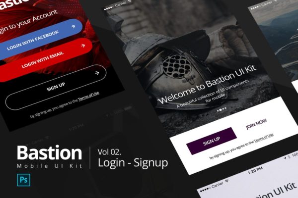APP应用注册登陆表单界面设计模板素材 Bastion Mobile UI Kit | #02 Login-Signup