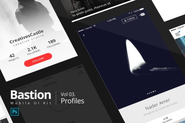 实用APP应用产品用户中心界面Ui Kits素材套件 03 Profiles | Bastion Mobile UI Kit