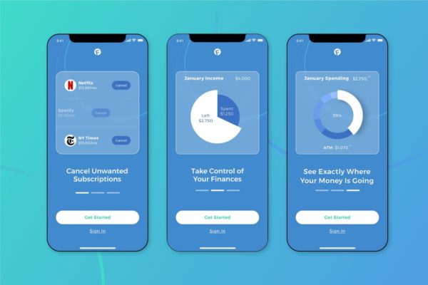金融主题APP应用界面设计模板素材[蓝色版] Finance Walkthrough Mobile UI – FD