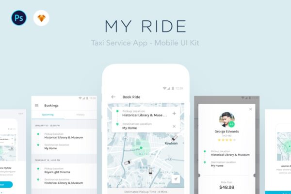 类滴滴出行出租车网约车APP应用Ui Kits素材套件 My Ride – Taxi App Mobile UI Kit