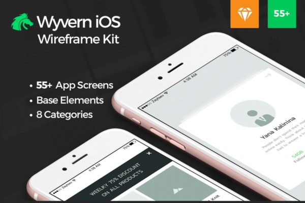 产品演示电商APP应用线框图Ui Kits素材套件 Wyvern iOS Wireframe UI Kit