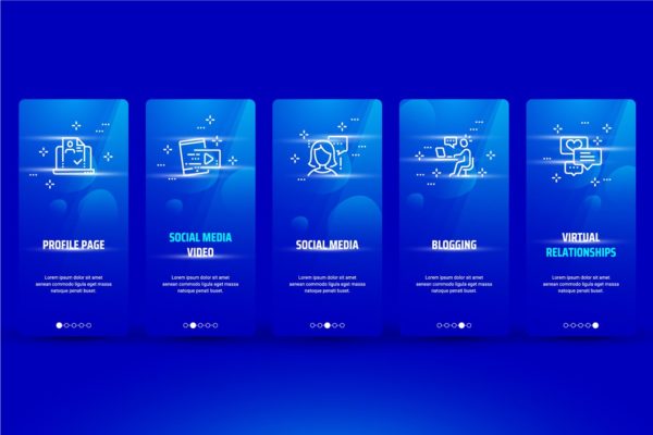 社交媒体风格元素闪屏启动界面设计模板素材 Social Metaphors on Blue Cards