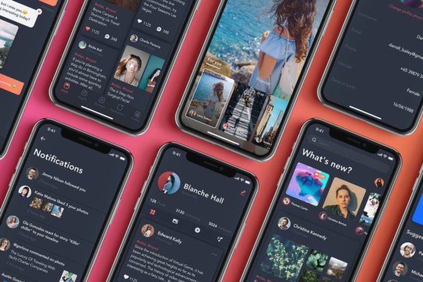 酷黑设计风格社交APP手机应用UI设计套装 Social Mobile UI Kit_Dark Theme