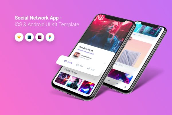社交媒体网上交友APP应用Ui Kits素材套件 Social Network App iOS & Android UI Kit Template