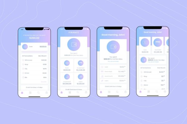 电子钱包APP应用用户中心UI界面UI设计模板素材[浅紫色配色方案]v3 Mobile Finance Home Ui – FD