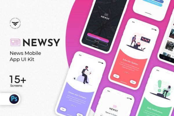 新闻资讯口袋APP应用Ui Kits素材套件 Newsy News Mobile App UI Kit